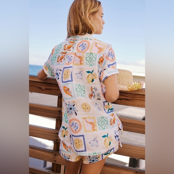 Seafolly Short-Sleeve Wish You Were Here Cover-Up Shirt in Atoll Blue Medium - Picture 4 of 11